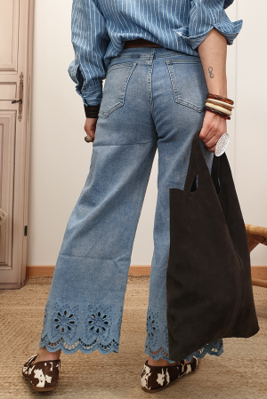 Blue Embroidered High Waist Wide Leg Cropped Jeans