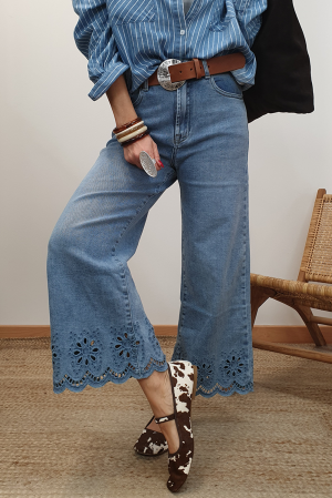 Blue Embroidered High Waist Wide Leg Cropped Jeans