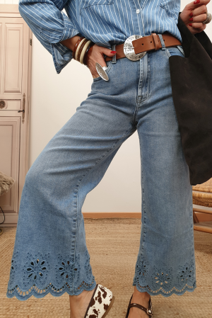 Blue Embroidered High Waist Wide Leg Cropped Jeans