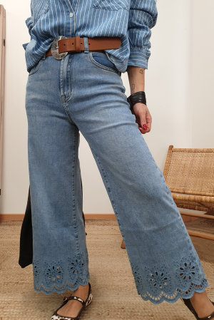 Blue Embroidered High Waist Wide Leg Cropped Jeans