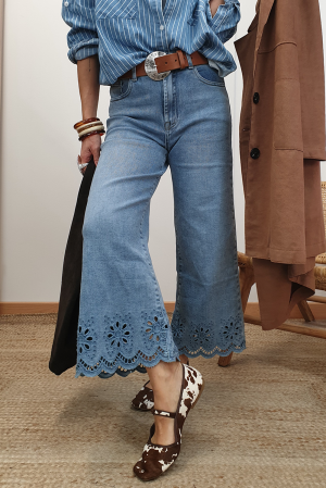 Blue Embroidered High Waist Wide Leg Cropped Jeans