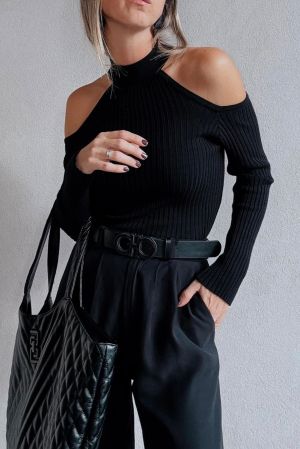 Black Ribbed Sweater with Open Shoulders