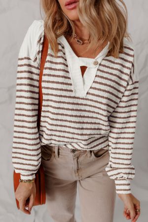 Stripe Textured Hooded V Neck Casual Long Sleeve Top