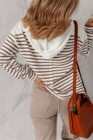 Stripe Textured Hooded V Neck Casual Long Sleeve Top