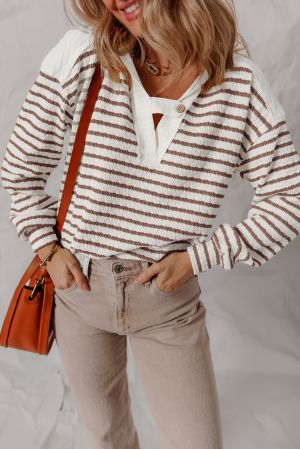 Stripe Textured Hooded V Neck Casual Long Sleeve Top