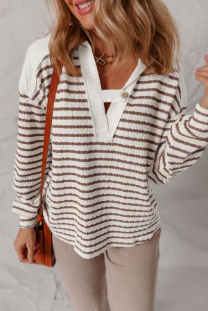 Stripe Textured Hooded V Neck Casual Long Sleeve Top