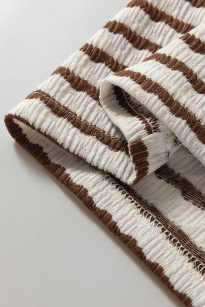 Stripe Textured Hooded V Neck Casual Long Sleeve Top