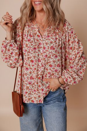 Black Floral Print Criss Cross V Neck Balloon Sleeve Blouse