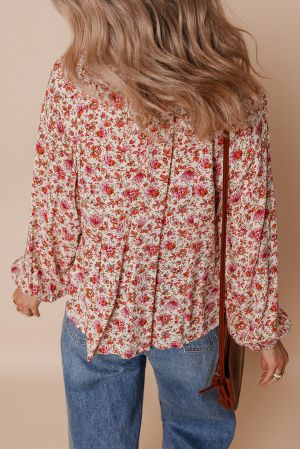 Black Floral Print Criss Cross V Neck Balloon Sleeve Blouse