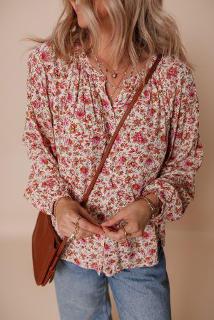 Black Floral Print Criss Cross V Neck Balloon Sleeve Blouse