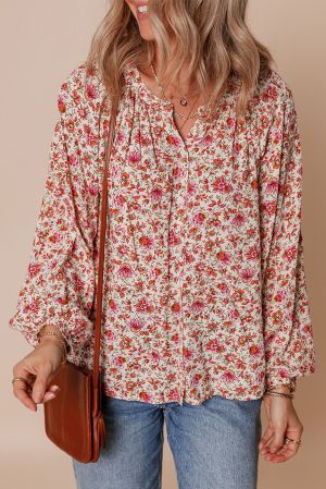 Black Floral Print Criss Cross V Neck Balloon Sleeve Blouse