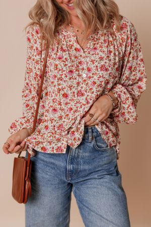 Black Floral Print Criss Cross V Neck Balloon Sleeve Blouse