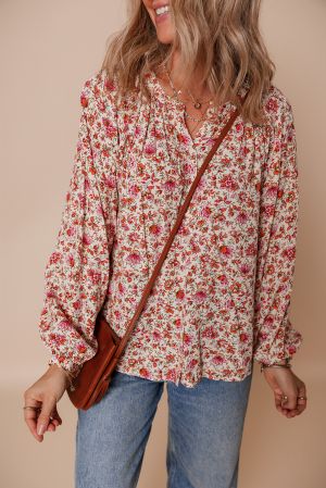 Black Floral Print Criss Cross V Neck Balloon Sleeve Blouse