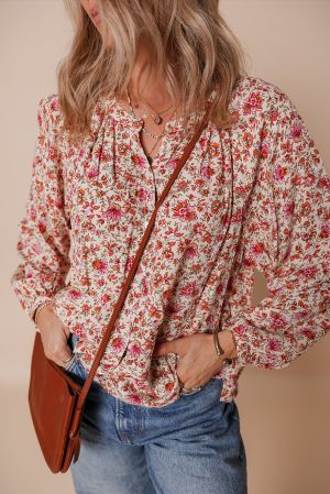 Black Floral Print Criss Cross V Neck Balloon Sleeve Blouse