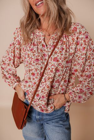 Black Floral Print Criss Cross V Neck Balloon Sleeve Blouse