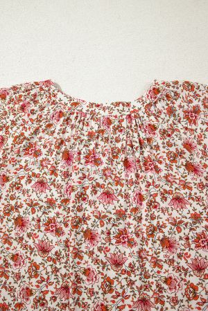 Black Floral Print Criss Cross V Neck Balloon Sleeve Blouse