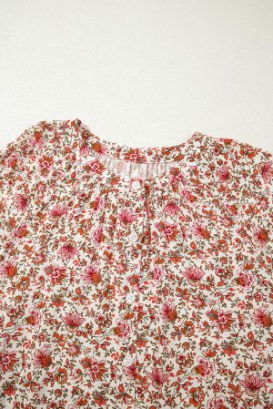Black Floral Print Criss Cross V Neck Balloon Sleeve Blouse