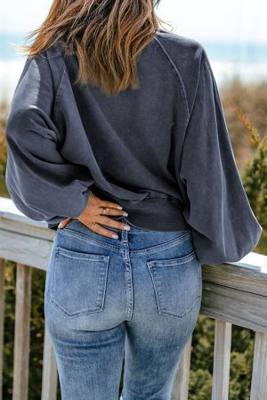 Dark Blue Washed Snap Buttons Lantern Sleeve Pullover Sweatshirt