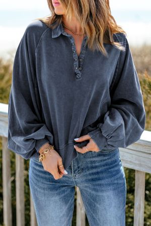 Dark Blue Washed Snap Buttons Lantern Sleeve Pullover Sweatshirt