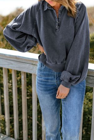Dark Blue Washed Snap Buttons Lantern Sleeve Pullover Sweatshirt