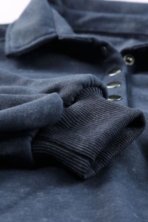 Dark Blue Washed Snap Buttons Lantern Sleeve Pullover Sweatshirt