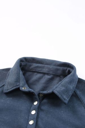 Dark Blue Washed Snap Buttons Lantern Sleeve Pullover Sweatshirt