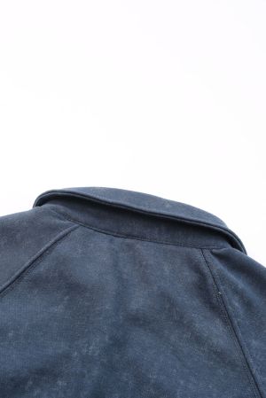 Dark Blue Washed Snap Buttons Lantern Sleeve Pullover Sweatshirt