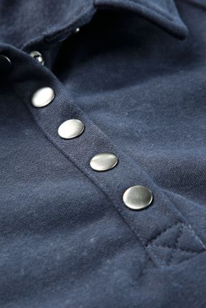 Dark Blue Washed Snap Buttons Lantern Sleeve Pullover Sweatshirt