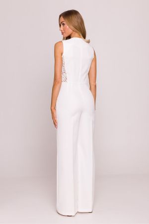 Luxury White Jumpsuit with Lace Panels and Elegant Detail