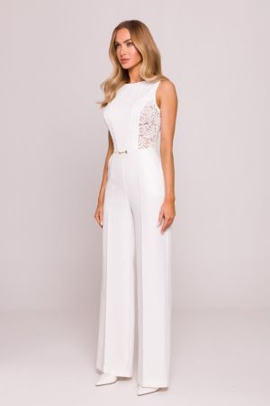 Luxury White Jumpsuit with Lace Panels and Elegant Detail