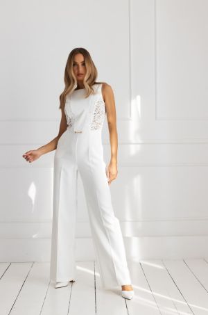 Luxury White Jumpsuit with Lace Panels and Elegant Detail