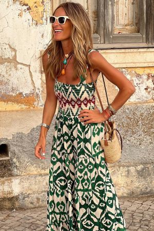 Summer Maxi Dress with Green Ethnic Print and Smocked Top