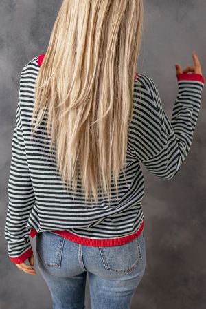 Contrast Trimmed Striped Drop Shoulder Sweater, 100% Cotton