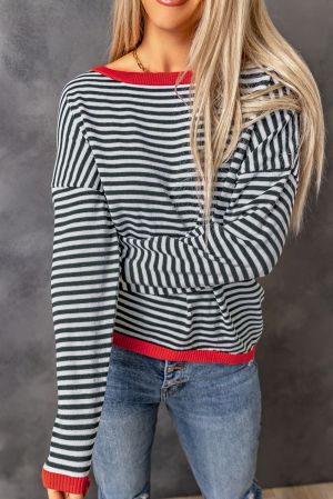 Contrast Trimmed Striped Drop Shoulder Sweater, 100% Cotton