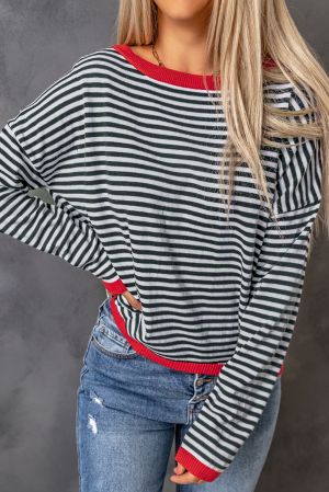 Contrast Trimmed Striped Drop Shoulder Sweater, 100% Cotton