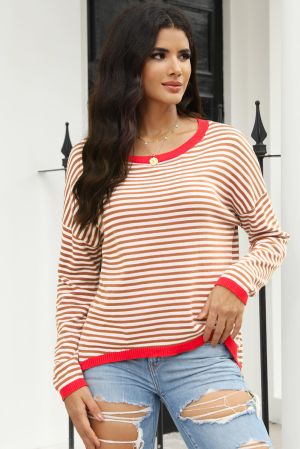 Contrast Trimmed Striped Drop Shoulder Sweater, 100% Cotton