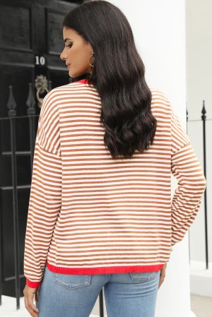 Contrast Trimmed Striped Drop Shoulder Sweater, 100% Cotton