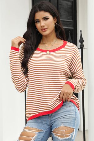 Contrast Trimmed Striped Drop Shoulder Sweater, 100% Cotton