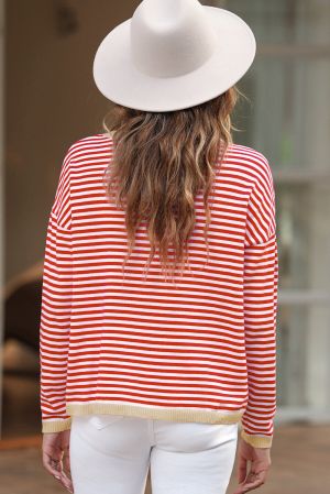 Contrast Trimmed Striped Drop Shoulder Sweater, 100% Cotton