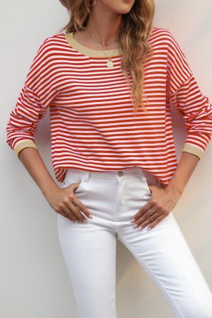Contrast Trimmed Striped Drop Shoulder Sweater, 100% Cotton