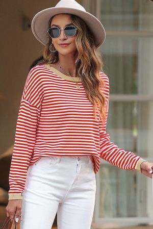 Contrast Trimmed Striped Drop Shoulder Sweater, 100% Cotton