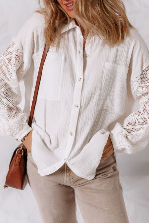 White Button-Up Shirt with Lace Sleeves, 100% Cotton