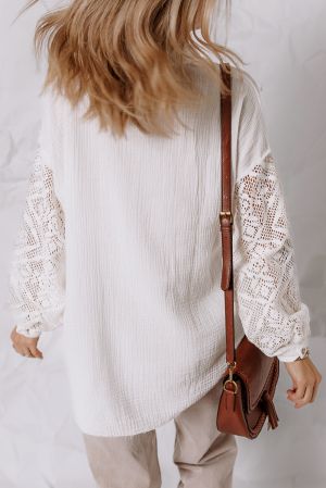 White Button-Up Shirt with Lace Sleeves, 100% Cotton