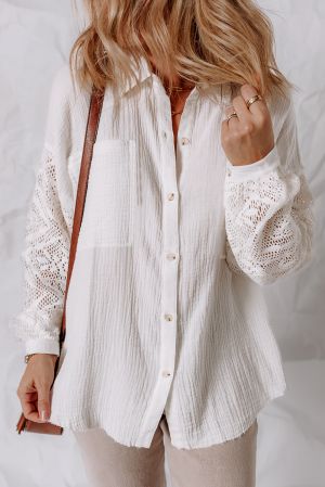 White Button-Up Shirt with Lace Sleeves, 100% Cotton