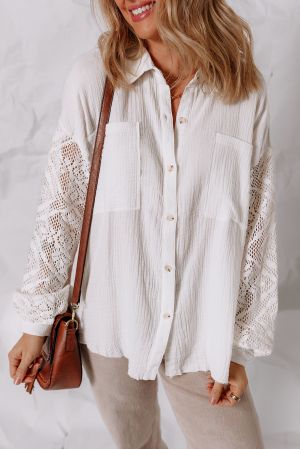 White Button-Up Shirt with Lace Sleeves, 100% Cotton
