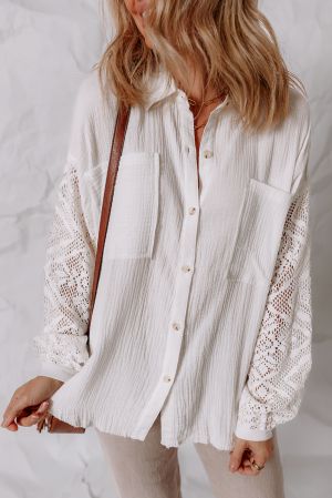 White Button-Up Shirt with Lace Sleeves, 100% Cotton
