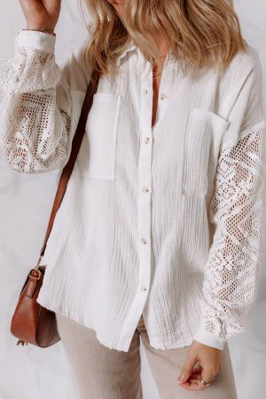White Button-Up Shirt with Lace Sleeves, 100% Cotton