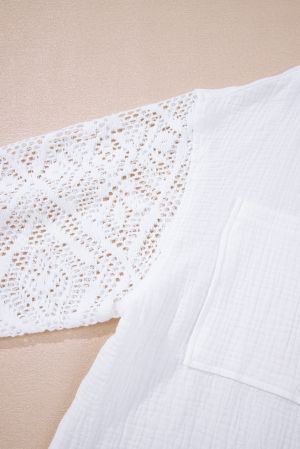White Button-Up Shirt with Lace Sleeves, 100% Cotton