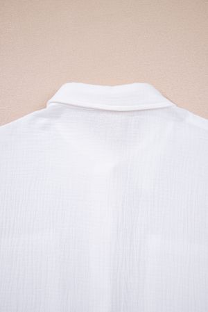 White Button-Up Shirt with Lace Sleeves, 100% Cotton