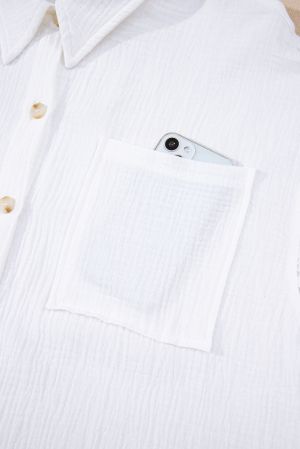 White Button-Up Shirt with Lace Sleeves, 100% Cotton